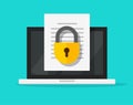 Secure confidential document online access with private lock on laptop computer text file vector flat icon, digital web