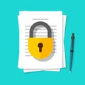 Secure confidential documents pile with locked access vector flat cartoon illustration, permission concept, paper sheet