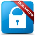 100% secure cyan blue square button red ribbon in corner Royalty Free Stock Photo