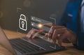 Secure cyber password protect, person use laptop login online web privacy icon computer firewall, cyber safe from virus, Lock icon
