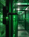 Secure data center with servers locked behind glass doors, with close-up on the lock and the server lights, symbolizing physical Royalty Free Stock Photo