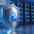 Secure data center with shield and lock Royalty Free Stock Photo