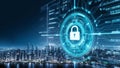 Secure data hologram with real time analysis in urban background, showcasing futuristic surveillance network. This evokes sense of