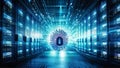 Secure Data Protection in a BlueLit Server Room The Key to Data Security and Integrity Royalty Free Stock Photo