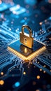 Secure data protection concept with golden padlock over modern computer circuit board Royalty Free Stock Photo