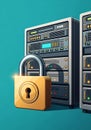 Secure data server illustration showing a golden padlock symbolizing data protection Royalty Free Stock Photo