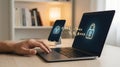 Secure data transfer between laptop and smartphone with padlock icons Royalty Free Stock Photo