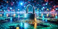 Secure Data Transfer A TiltShift Perspective on Cybersecurity with Binary Code and Digital Padlock Highlighting