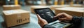Secure Delivery Pin Code Entry on Tablet in a Warehouse Setting With Well-Organized Packages Royalty Free Stock Photo
