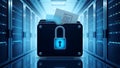 Secure digital data folder with glowing padlock in a server room Royalty Free Stock Photo