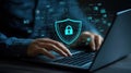 Secure digital environment with laptop and cybersecurity graphics