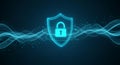 Secure Digital Future: Cybersecurity shield protecting data with abstract technology waves and a glowing blue padlock. Royalty Free Stock Photo