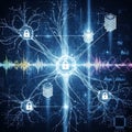 Secure digital network concept with glowing locks and data streams Royalty Free Stock Photo