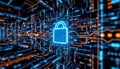 Secure digital network visualization with glowing lock symbol representing data protection Royalty Free Stock Photo