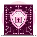 Secure digital shield emblem glows on intricate futuristic circuit board representing cybersecurity and advanced technology Royalty Free Stock Photo