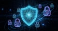 Secure digital shield protects data surrounded by glowing digital locks and binary code Royalty Free Stock Photo