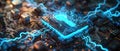 Secure digital space with cyber lock and blue lightning on circuit board background, protection of computer. Concept of technology