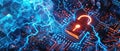Secure digital space with cyber lock and lightning on circuit board background, protection of information. Concept of technology,