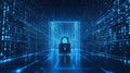 Secure Digital Space With Glowing Blue Padlock in a High-Tech Virtual Environment