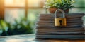 Secure Documents: A Closeup Shot with Padlock on Table. High-Resolution, Detailed Image Symbolizing Data Protection. Sho