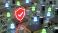 Secure electronic circuit board with illuminated components and shield icon Royalty Free Stock Photo