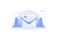 Secure email icon surrounded by snow covered trees representing data privacy email protection and winter themed technology in a