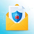 Secure email protection shield with padlock symbol on document inside yellow envelope Royalty Free Stock Photo