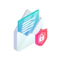 Secure email service isometric icon. Safe Mobile mail, 3d e-mail sign with shield. Private data in social network, sms chat Royalty Free Stock Photo