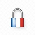 Secure enclosed padlock decorated with the French flag. Isolated object on checkered background. Lock icon. Data protection,