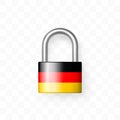 Secure enclosed padlock decorated with the German flag. Isolated object on checkered background. Lock icon. Data protection,