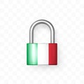 Secure enclosed padlock decorated with Italian flag. Isolated object on checkered background. Lock icon. Data protection, Security