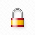 Secure enclosed padlock decorated with the Spain flag. Isolated object on checkered background. Lock icon. Data protection,