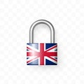 Secure enclosed padlock decorated with the UK flag. Isolated object on checkered background. Lock icon. Data protection, Security