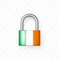 Secure enclosed padlock with the image of the flag of Ireland. Isolated on checkered background. Lock icon. Data protection,