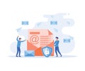 Secure, encrypted messages, emails. Two people stand near big envelope, letter with shield,