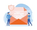 Secure, encrypted messages, emails. Two people stand near big envelope, letter with shield.