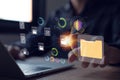 Secure file storage technology Document Management System (DMS) Businessman uses laptop with online database folder