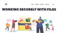 Secure Files, Data and Document Protection Landing Page Template. Tiny Characters with Huge Video, Photo, Folder, Shield