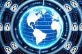 Secure Globe: A 3D holographic globe surrounded by layers of transparent,cyber security