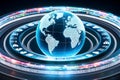 Secure Globe: A 3D holographic globe surrounded by layers of transparent,cyber security