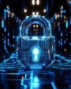 Secure glowing blue padlock in futuristic digital environment symbolizing encrypted networks advanced cybersecurity in