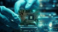 Secure grip on AI microcircuits with protective gloves Royalty Free Stock Photo