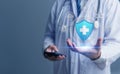 Secure health data concept with doctor and shield interface. Perfect for cybersecurity, medical technology, protection, digital Royalty Free Stock Photo