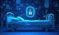 Secure Hospital Bed with Digital Lock Symbol and Data Visualization Background