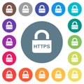 Secure http protocol flat white icons on round color backgrounds