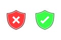 Secure and insecure symbol. right and wrong sign. Correct and incorrect mark. Cross and check mark on red and green shield vector. Royalty Free Stock Photo
