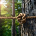 Secure knot binds brown rope to sturdy tree trunk, natures strength