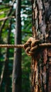 Secure knot binds brown rope to sturdy tree trunk, natures strength