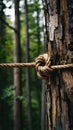 Secure knot binds brown rope to sturdy tree trunk, natures strength