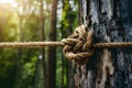 Secure knot binds brown rope to sturdy tree trunk, natures strength